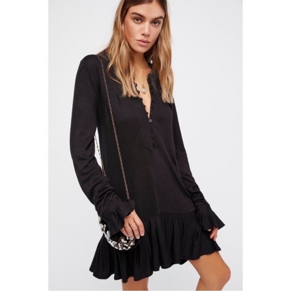 Free People Your Girl Henley Tunic Ruffle Black Small - Picture 4 of 16